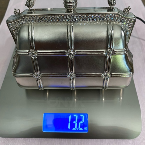 Hard Case Evening Crossbody/Bag W/ Rhinestones. Silver Metallic W/ 2 Options - Picture 10 of 10